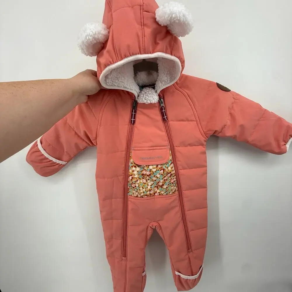 Obermeyer Baby Snowsuit Bunting Coral Pink Floral Pompom Hooded 12-18M Winter
